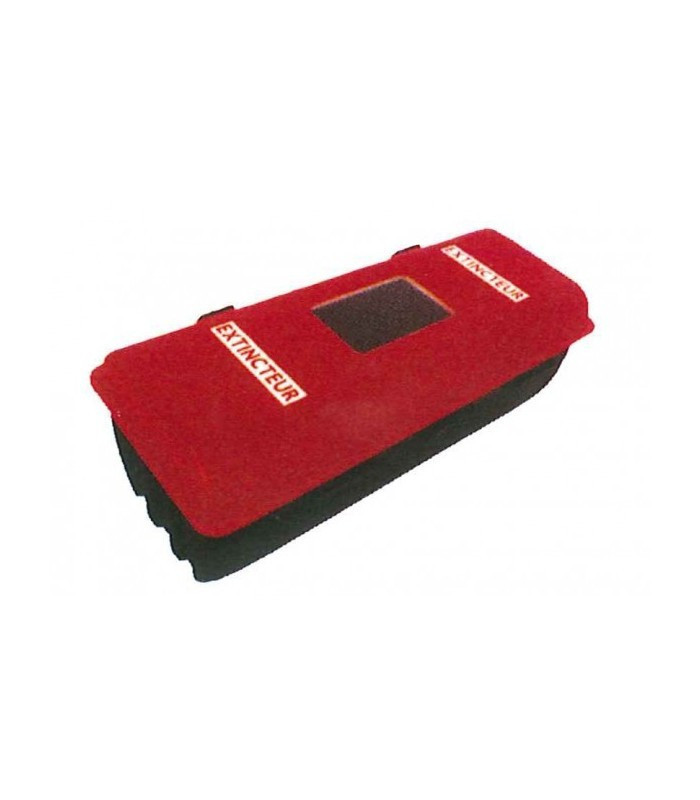 Caja de herramientas rectangular roja y negra con tapa y ventana de visualización. Ideal para almacenamiento y organización.