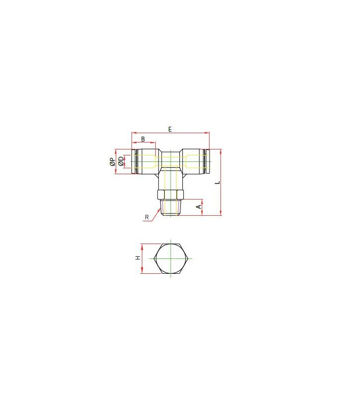 “t” orientable rosca central macho cónica ø 4 r 1/4 bspt