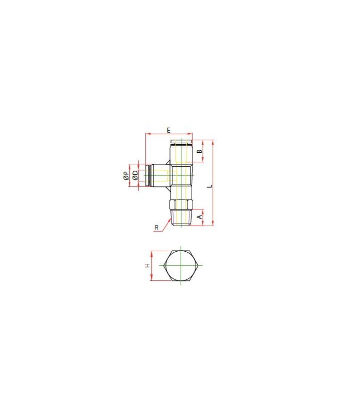 “t” orientable rosca lateral macho cónica ø 4 r 1/4 bspt