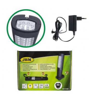 PORTÁTIL DE TALLER 24+6 LEDS CON BATERÍA RECARGABLE / CON DOBLE IMÁN, CUÑA DE APOYO Y BASE IMANTADA