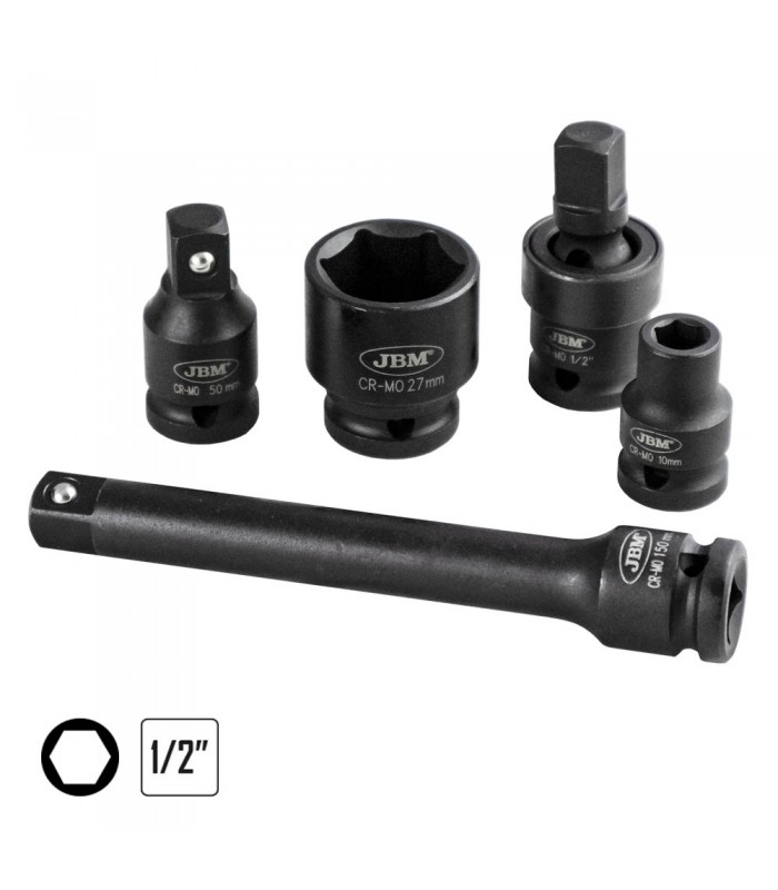 SET DE 19 PIEZAS DE IMPACTO DE 1/2" CON 14 VASOS HEXAGONALES + ADAPTADORES