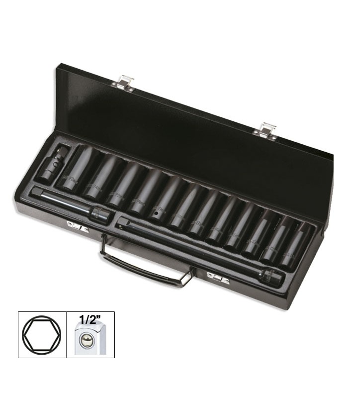 SET DE 15 PIEZAS DE IMPACTO CON 12 VASOS LARGOS DE 1/2" HEXAGONALES + ADAPTADORES