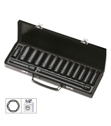 SET DE 15 PIEZAS DE IMPACTO CON 12 VASOS LARGOS DE 1/2" HEXAGONALES + ADAPTADORES