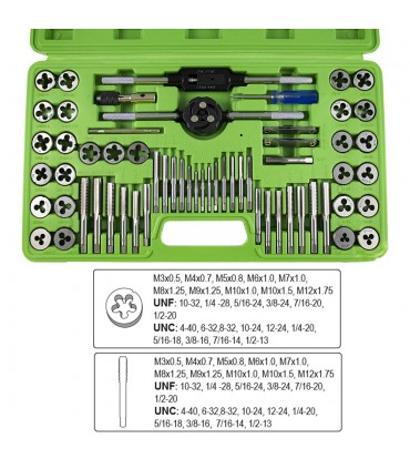 ESTUCHE MÉTRICO CON 60 PIEZAS DE MACHOS Y TERRAJAS. COMBINADO MÉTRICO Y PULGADA