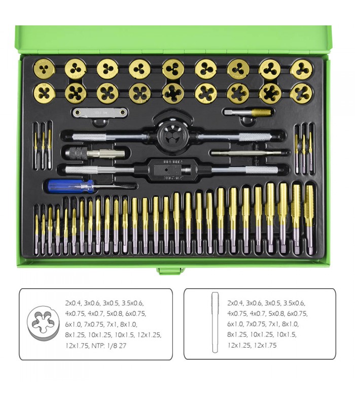 ESTUCHE MÉTRICO CON 58 PIEZAS DE MACHOS Y TERRAJAS RECUBIERTAS DE TITANIO