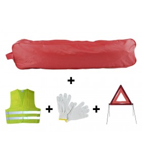 KIT EMERGENCIA BOLSA ROJA RIBETE+TRIANGULO+CHALECO+GUANTES