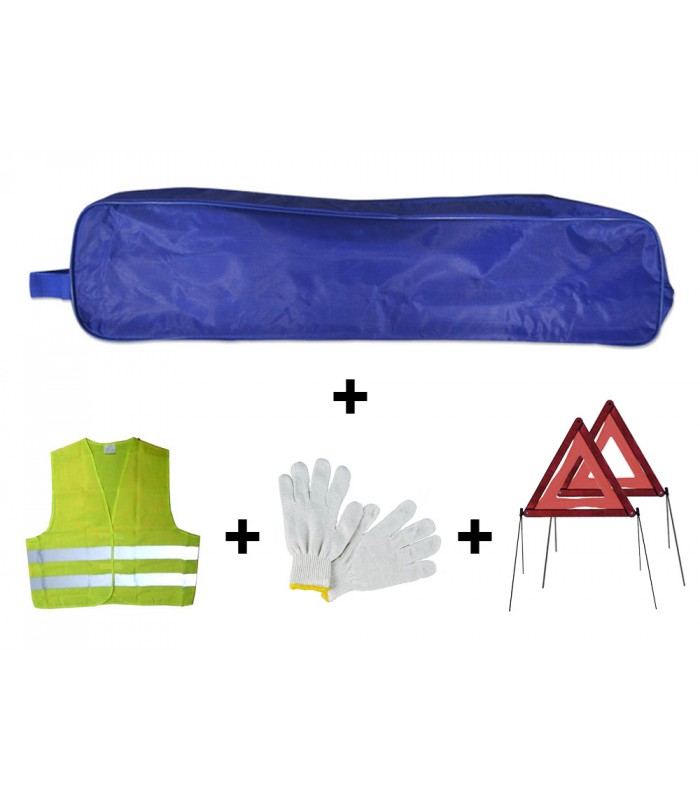 KIT EMERGENCIA BOLSA AZUL RIBETE+2TRIANGULOS+CHALECO+GUANTES