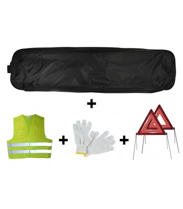 KIT EMERGENCIA BOLSA NEGRA RIBETE+2TRIANGULOS+CHALECO+GUANTES