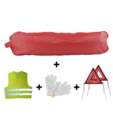 KIT EMERGENCIA BOLSA ROJA RIBETE+2TRIANGULOS+CHALECO+GUANTES