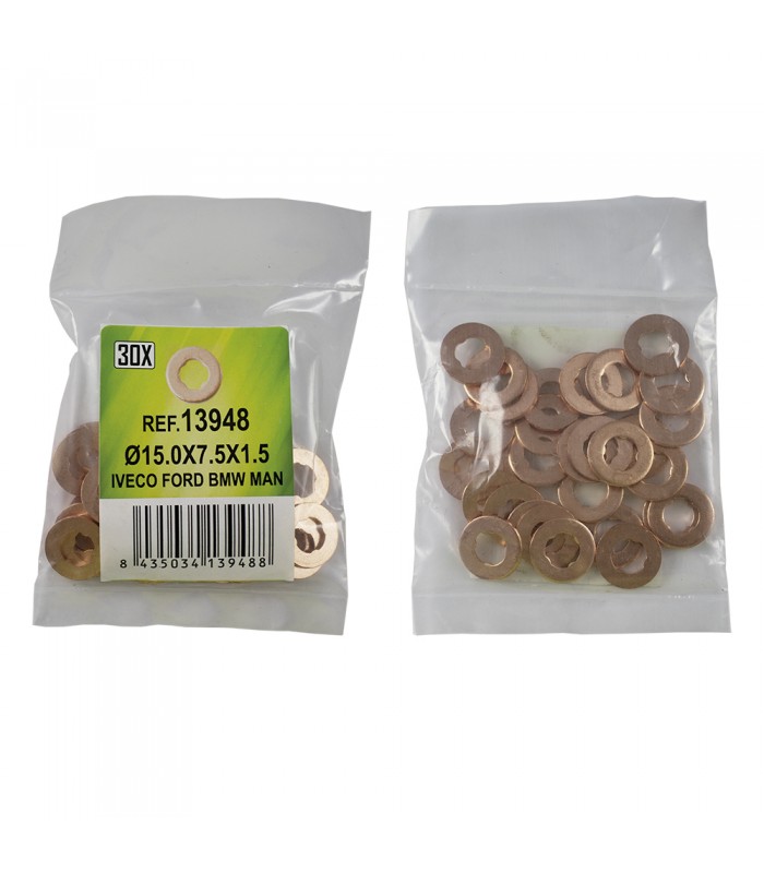 BOLSA DE 30 ARANDELAS DE COBRE PARA INYECTORES - Ø15.0x7.5x1.5 - IVECO, FORD, BMW, MAN (REF. 53464)