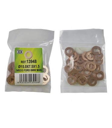 BOLSA DE 30 ARANDELAS DE COBRE PARA INYECTORES - Ø15.0x7.5x1.5 - IVECO, FORD, BMW, MAN (REF. 53464)