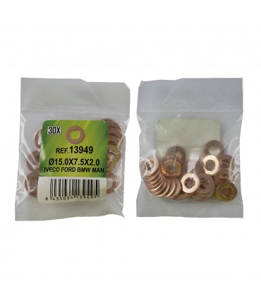 BOLSA DE 30 ARANDELAS DE COBRE PARA INYECTORES - Ø15.0x7.5x2.0 - IVECO, FORD, BMW, MAN  (REF. 53464)