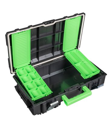 CAJA PARA HERRAMIENTAS APILABLE CON 2 ORGANIZADORES LATERALES DE PIEZAS (11 COMPARTIMENTOS)
