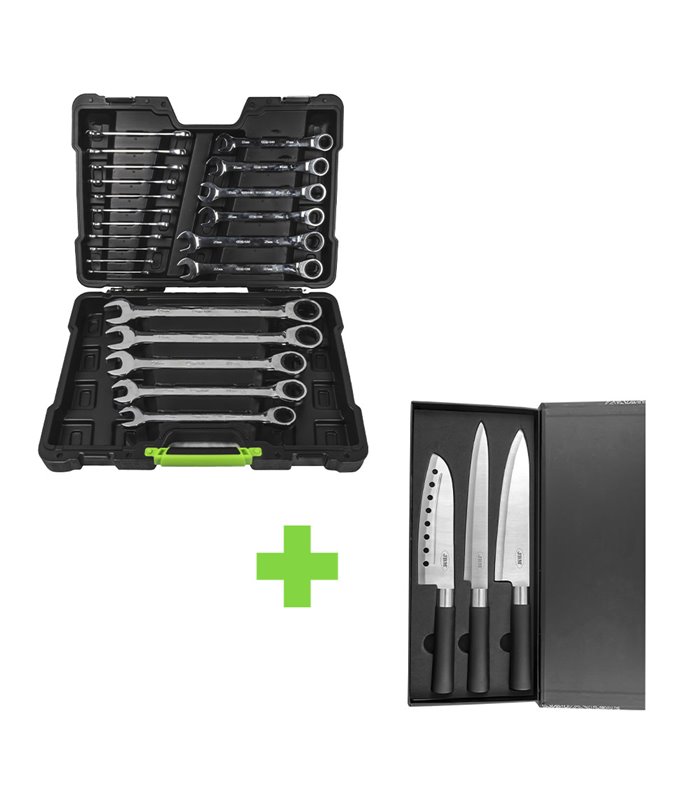 SERIE370: 54041 SET DE 22 LLAVES COMBINADAS CON TRINQUETE+53511 SETS DE 3 CUCHILLOS