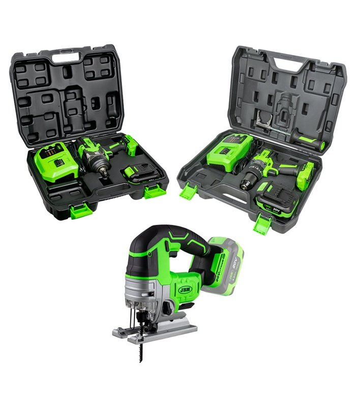60047C TALADRO PERCUTOR 2 VELOCIDADES + 60044C PISTOLA DE IMPACTO 1/2" + 60010 SIERRA DE CALAR