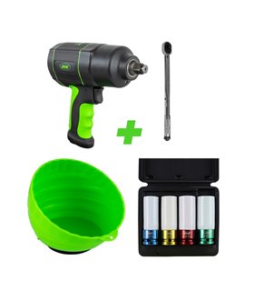 53608 PISTOLA DE IMPACTO 1/2" + 51127 LLAVE DINAMOMÉTRICA + 52338 SET DE 4 VASOS + 52466 RECIPIENTE