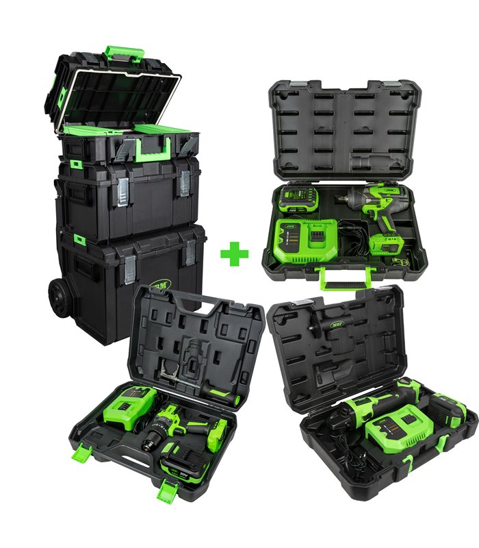 CARRO MODULAR APILABLE + AMOLADORA  ANGULAR  + TALADRO PERCUTOR + PISTOLA DE IMPACTO CON MALETÍN
