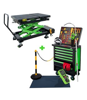 CARRO DE HERRAMIENTAS 7 CAJONES VERDE ESPECIAL VDE + MESA HIDRÁULICA PARA BATERÍAS