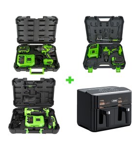 60047C TALADRO PERCUTOR + 60049C AMOLADORA ANGULAR + 60044C PISTOLA DE IMPACTO+ FREIDORA DE AIRE
