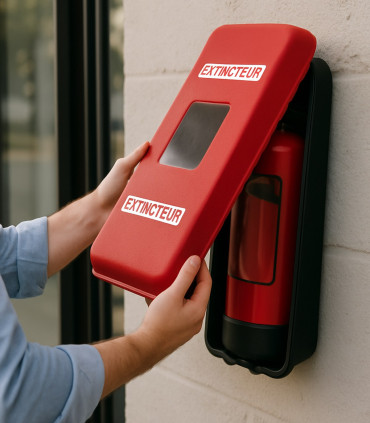 Caja roja para extintor con ventana, de diseño moderno, montada en pared, ideal para seguridad contra incendios.