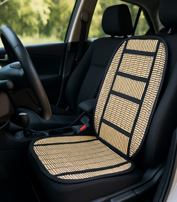 Funda de asiento de coche de bambú con diseño natural, texturizada y color claro. Ideal para comodidad y estilo.