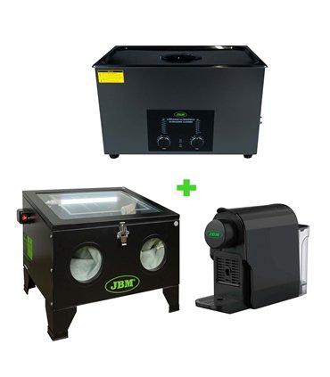 LIMPIADOR DE PIEZAS ULTRASÓNICO 30L + MÁQUINA CHORREADORA DE ARENA 90L + CAFETERA DE CÁPSULAS 
