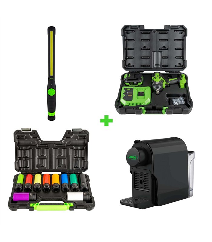 KIT DE 10 VASOS IMPACTO DE 1/2 + PISTOLA DE IMPACTO A BATERÍA + PORTÁTIL DE TALLER COB + CAFETERA