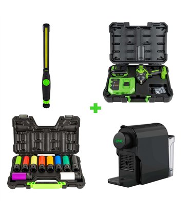 KIT DE 10 VASOS IMPACTO DE 1/2 + PISTOLA DE IMPACTO A BATERÍA + PORTÁTIL DE TALLER COB + CAFETERA