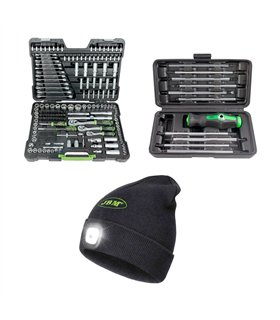 54034 MALETÍN DE HERRAMIENTAS DE 216 PIEZAS + 53010 ESTUCHE DE DESTORNILLADORES 20 EN 1 + GORRO