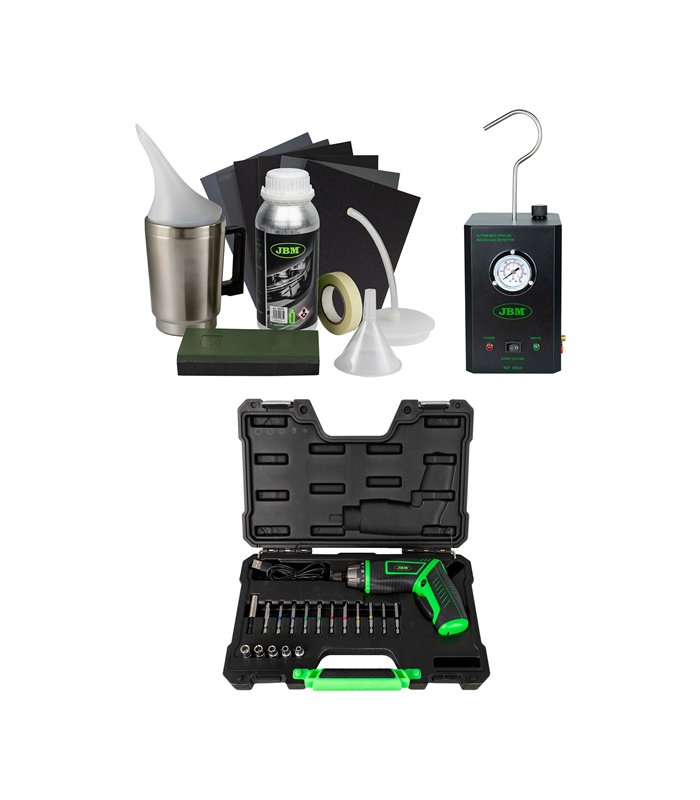 53673 KIT DE RESTAURACIÓN DE FAROS + 54524 DETECTOR DE FUGAS + 54683 ATORNILLADOR A BATERÍA